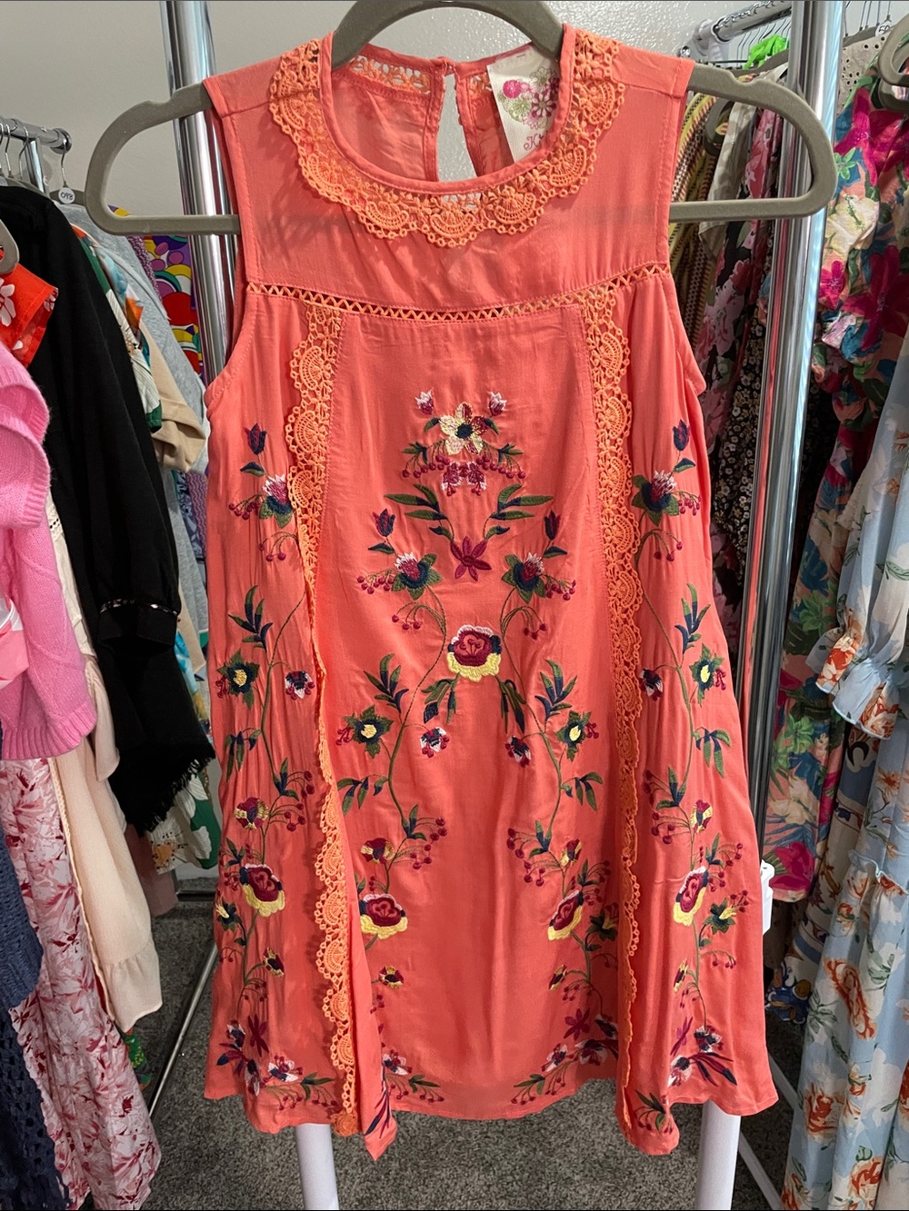 Girls' Coral Embroidered Sleeveless Sundress